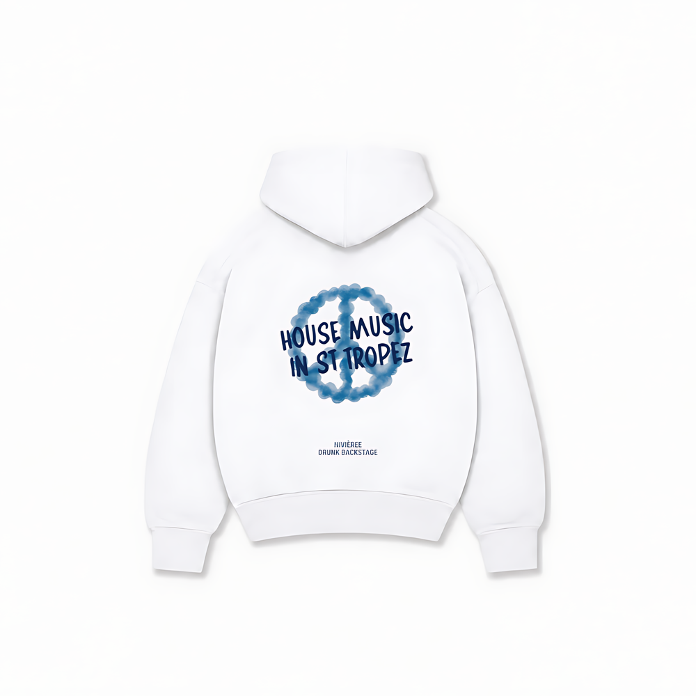 HOUSE MUSIC IN ST TROPEZ HOODIE — Branco — costas