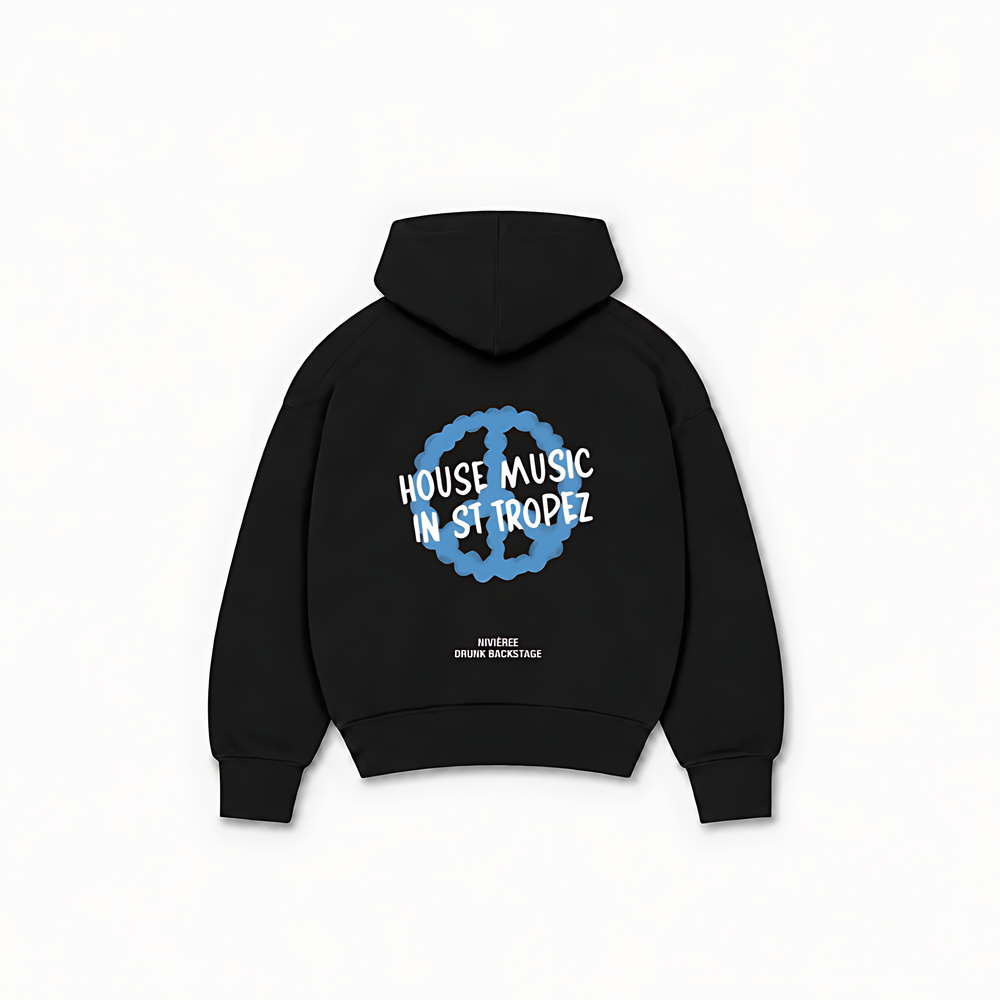 HOUSE MUSIC IN ST TROPEZ HOODIE — Preto — costas