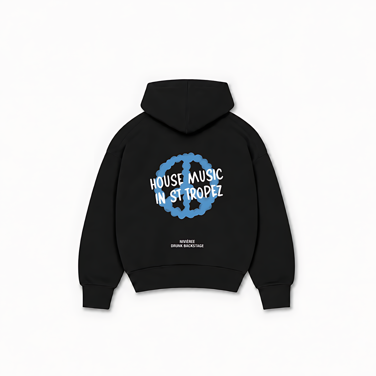 HOUSE MUSIC IN ST TROPEZ HOODIE — Preto — costas