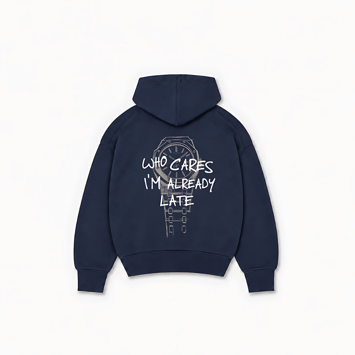 WHO CARES HOODIE — Azul-marinho — costas