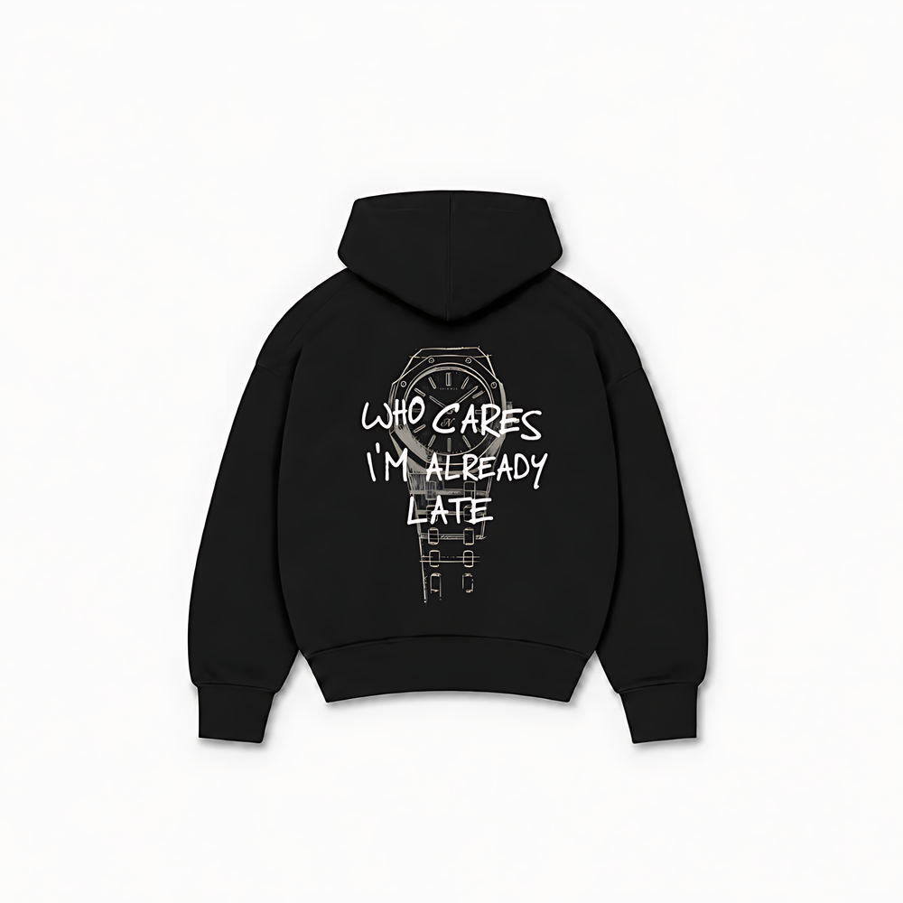 WHO CARES HOODIE — Preto — costas