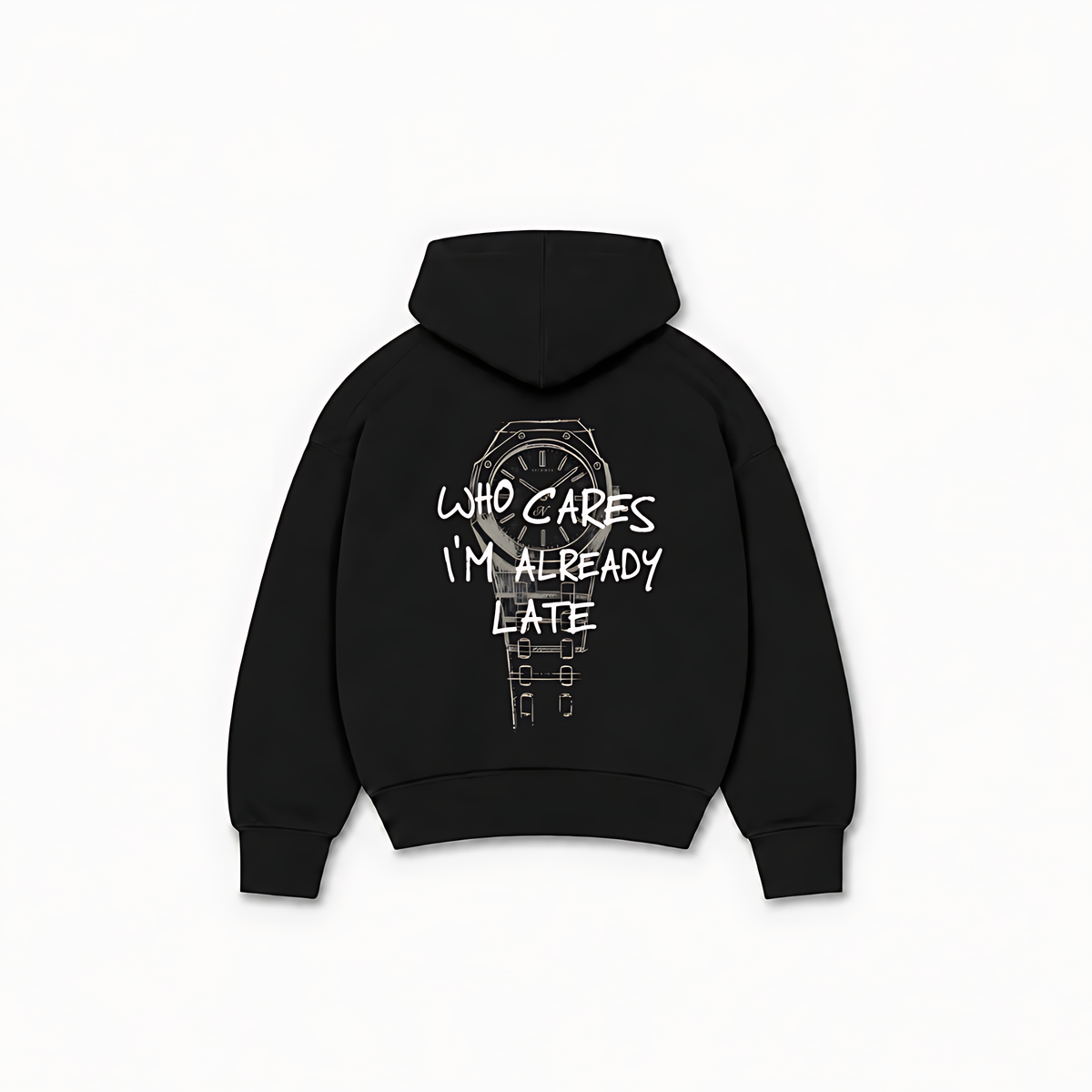 WHO CARES HOODIE — Preto — costas